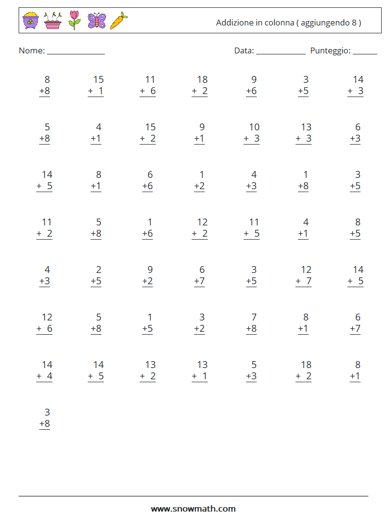 (50) Addizione in colonna ( aggiungendo 8 ) Fogli di lavoro di matematica 12