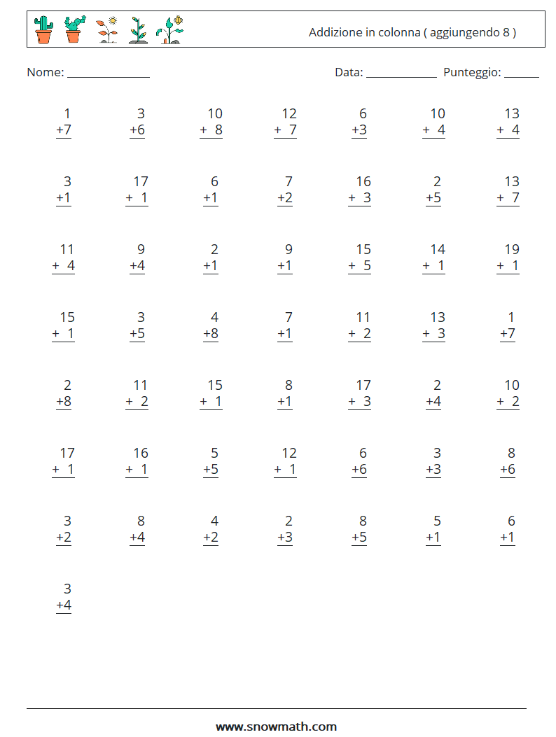 (50) Addizione in colonna ( aggiungendo 8 ) Fogli di lavoro di matematica 13