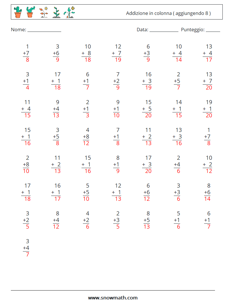 (50) Addizione in colonna ( aggiungendo 8 ) Fogli di lavoro di matematica 13 Domanda, Risposta