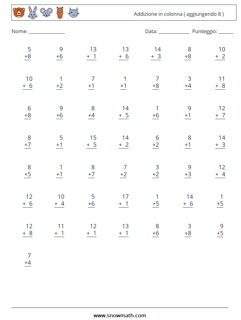 (50) Addizione in colonna ( aggiungendo 8 ) Fogli di lavoro di matematica 14