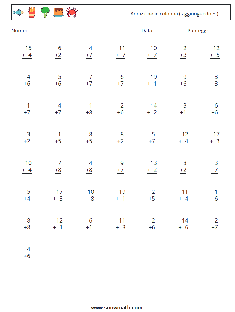 (50) Addizione in colonna ( aggiungendo 8 ) Fogli di lavoro di matematica 15