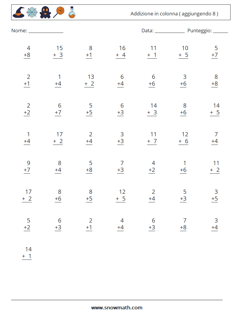 (50) Addizione in colonna ( aggiungendo 8 ) Fogli di lavoro di matematica 16