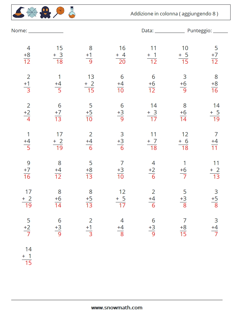 (50) Addizione in colonna ( aggiungendo 8 ) Fogli di lavoro di matematica 16 Domanda, Risposta