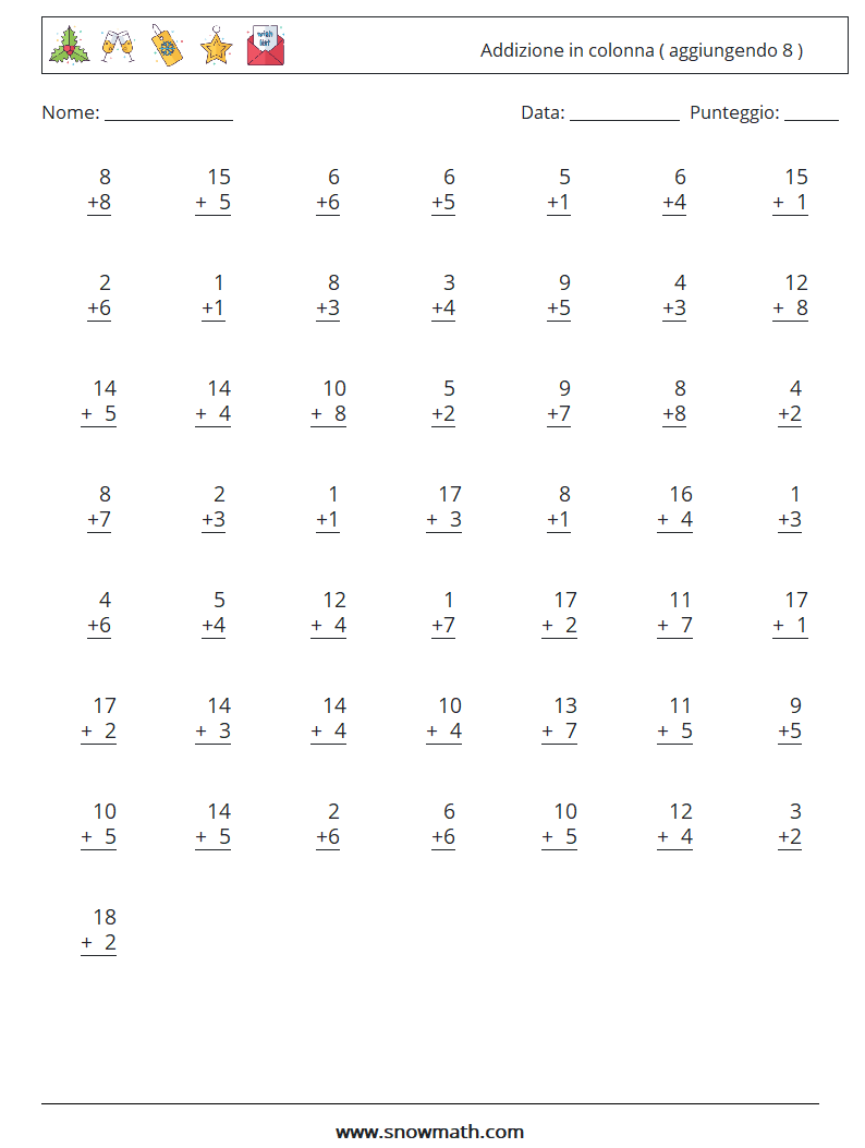 (50) Addizione in colonna ( aggiungendo 8 ) Fogli di lavoro di matematica 17