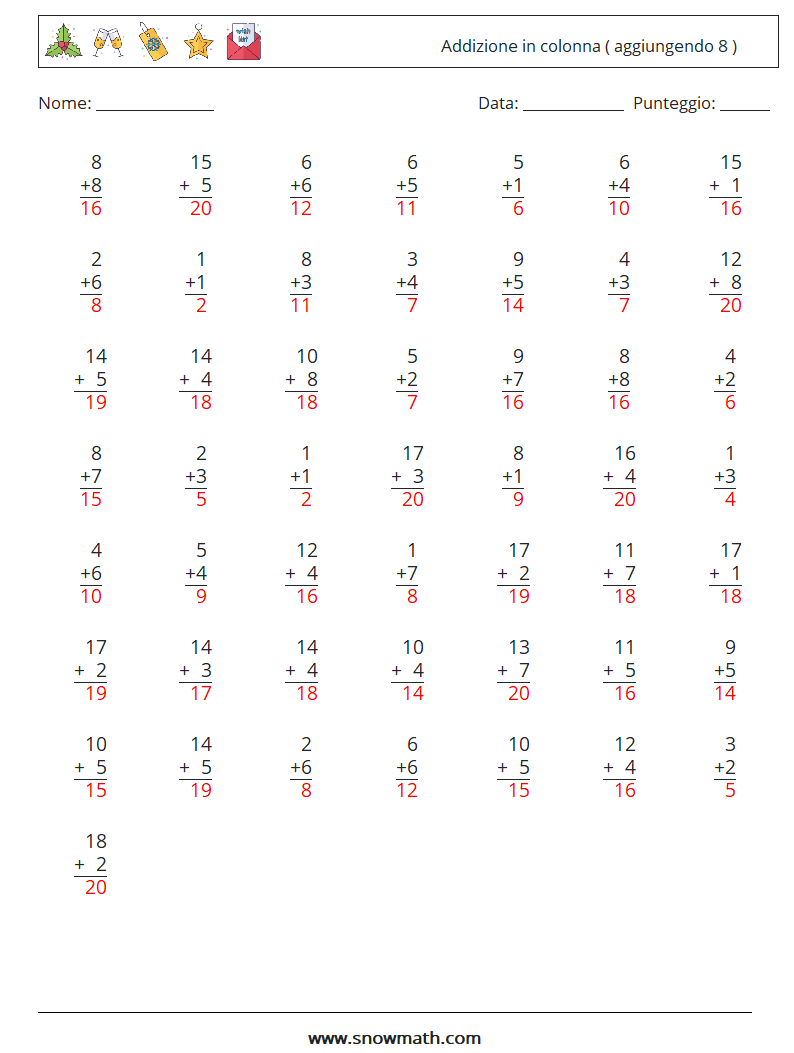 (50) Addizione in colonna ( aggiungendo 8 ) Fogli di lavoro di matematica 17 Domanda, Risposta