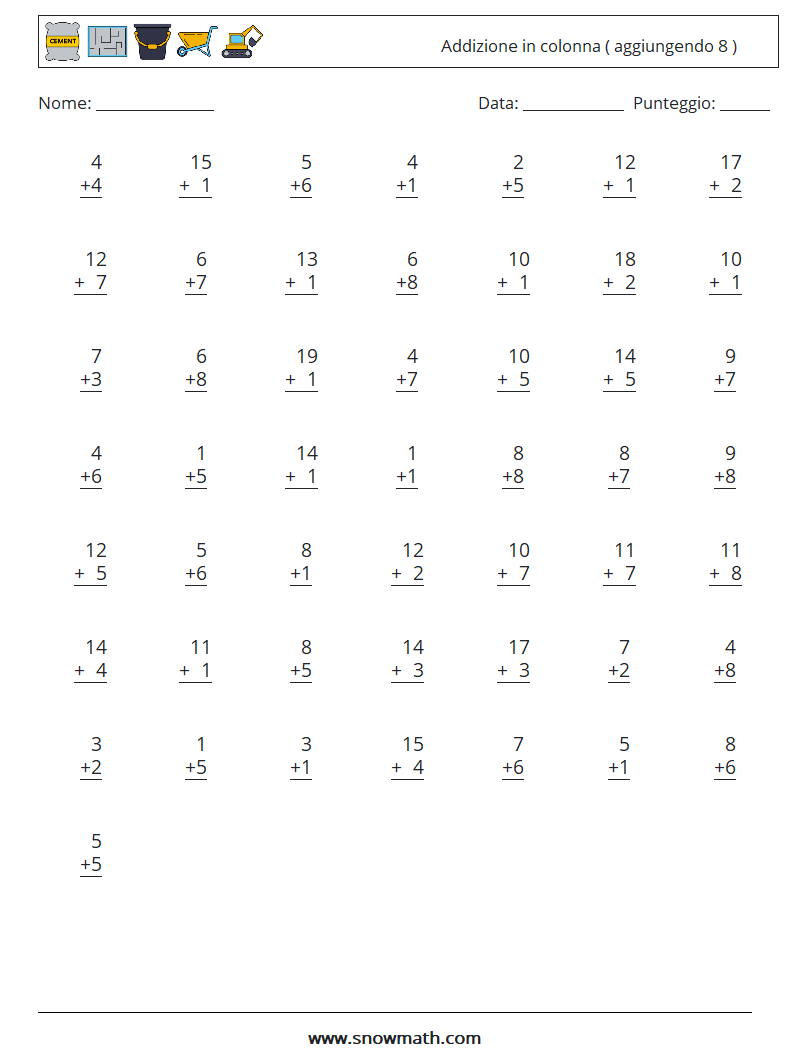 (50) Addizione in colonna ( aggiungendo 8 ) Fogli di lavoro di matematica 18
