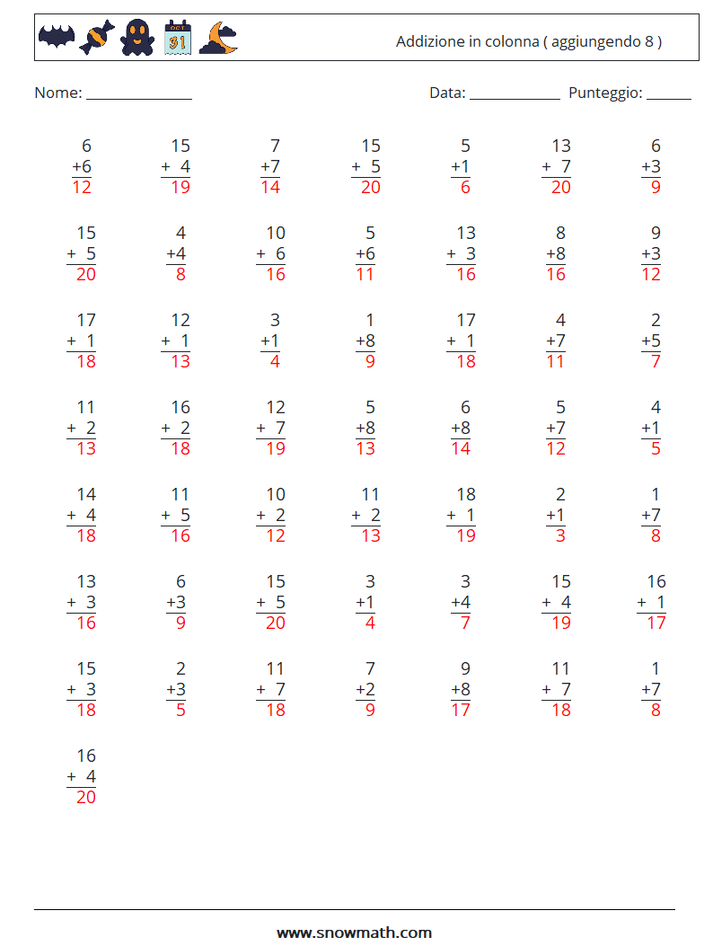 (50) Addizione in colonna ( aggiungendo 8 ) Fogli di lavoro di matematica 1 Domanda, Risposta