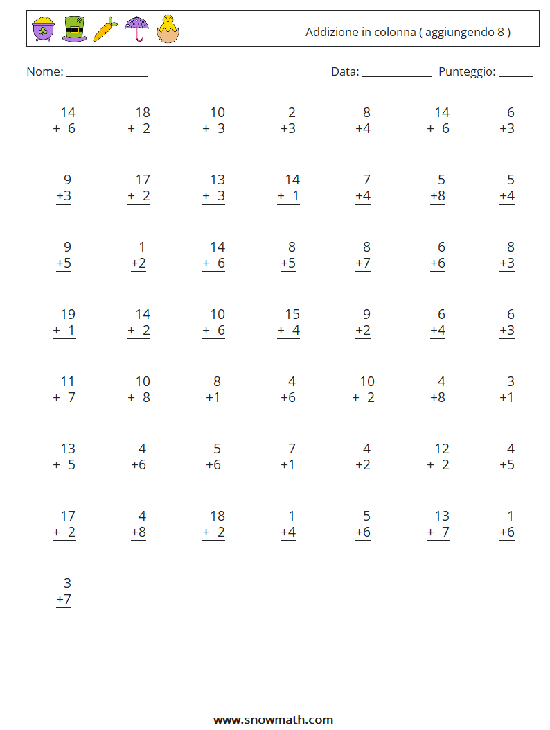 (50) Addizione in colonna ( aggiungendo 8 ) Fogli di lavoro di matematica 2
