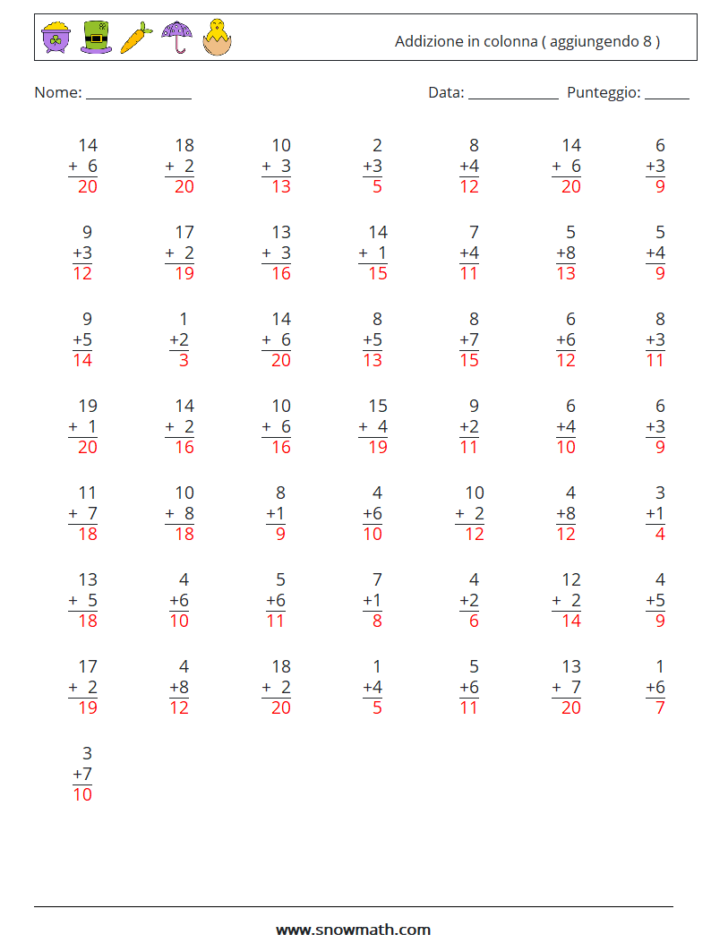 (50) Addizione in colonna ( aggiungendo 8 ) Fogli di lavoro di matematica 2 Domanda, Risposta