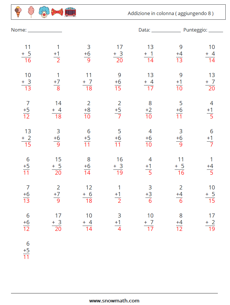 (50) Addizione in colonna ( aggiungendo 8 ) Fogli di lavoro di matematica 3 Domanda, Risposta