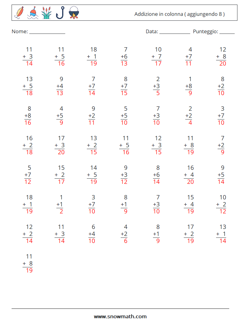 (50) Addizione in colonna ( aggiungendo 8 ) Fogli di lavoro di matematica 4 Domanda, Risposta
