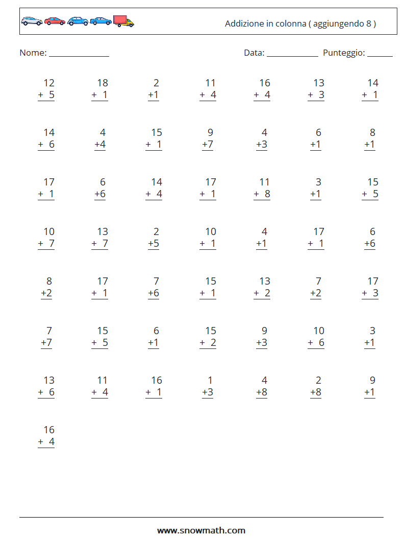 (50) Addizione in colonna ( aggiungendo 8 ) Fogli di lavoro di matematica 5