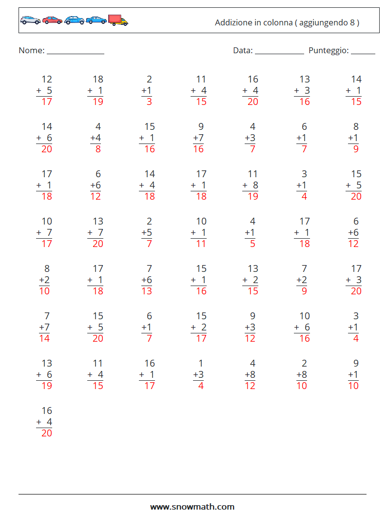 (50) Addizione in colonna ( aggiungendo 8 ) Fogli di lavoro di matematica 5 Domanda, Risposta