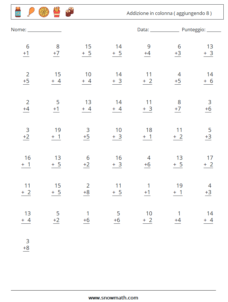 (50) Addizione in colonna ( aggiungendo 8 ) Fogli di lavoro di matematica 6