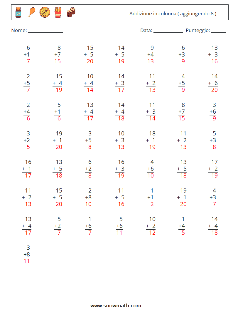 (50) Addizione in colonna ( aggiungendo 8 ) Fogli di lavoro di matematica 6 Domanda, Risposta