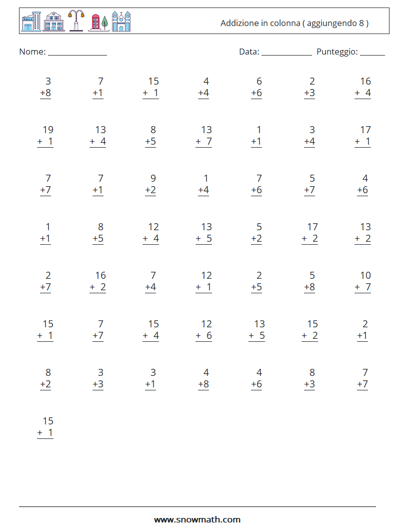 (50) Addizione in colonna ( aggiungendo 8 ) Fogli di lavoro di matematica 7