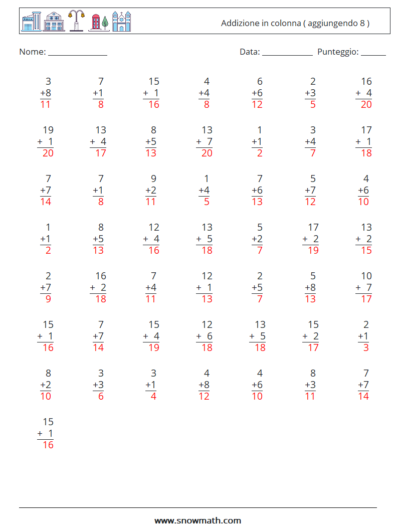 (50) Addizione in colonna ( aggiungendo 8 ) Fogli di lavoro di matematica 7 Domanda, Risposta