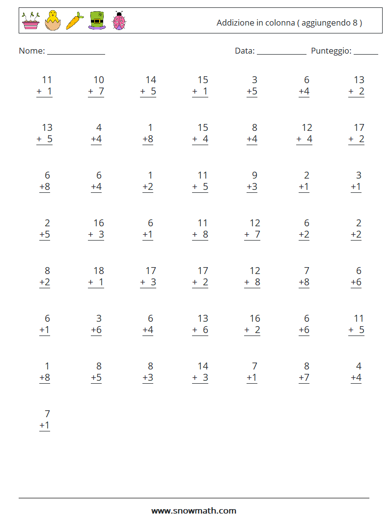 (50) Addizione in colonna ( aggiungendo 8 ) Fogli di lavoro di matematica 8
