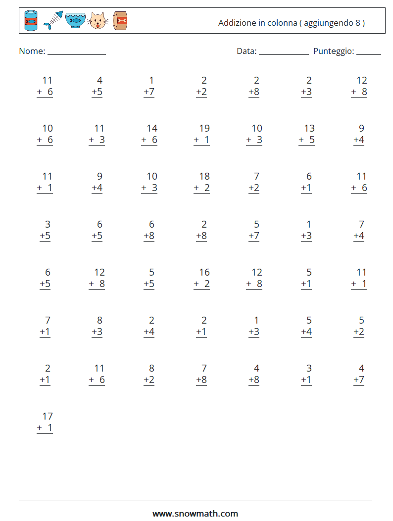 (50) Addizione in colonna ( aggiungendo 8 ) Fogli di lavoro di matematica 9