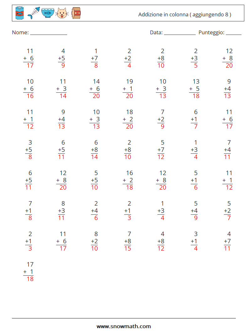 (50) Addizione in colonna ( aggiungendo 8 ) Fogli di lavoro di matematica 9 Domanda, Risposta