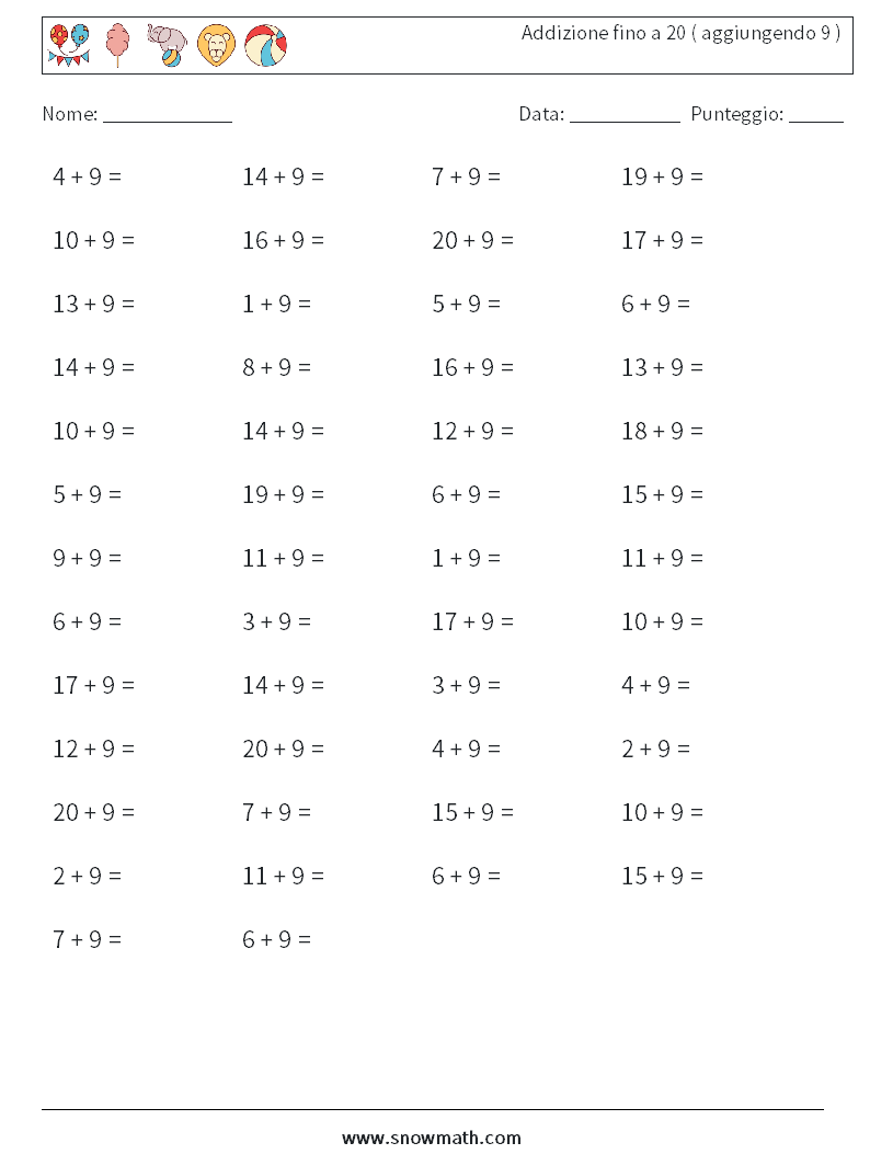 (50) Addizione fino a 20 ( aggiungendo 9 ) Fogli di lavoro di matematica 4