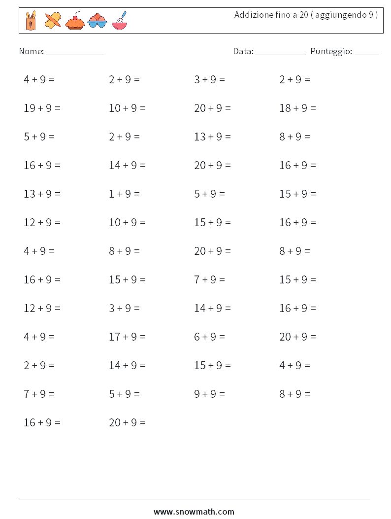 (50) Addizione fino a 20 ( aggiungendo 9 ) Fogli di lavoro di matematica 9