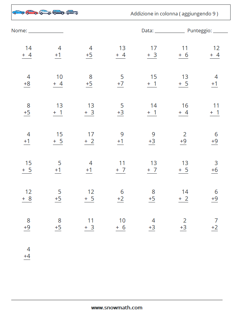 (50) Addizione in colonna ( aggiungendo 9 ) Fogli di lavoro di matematica 10