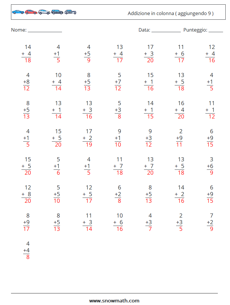 (50) Addizione in colonna ( aggiungendo 9 ) Fogli di lavoro di matematica 10 Domanda, Risposta