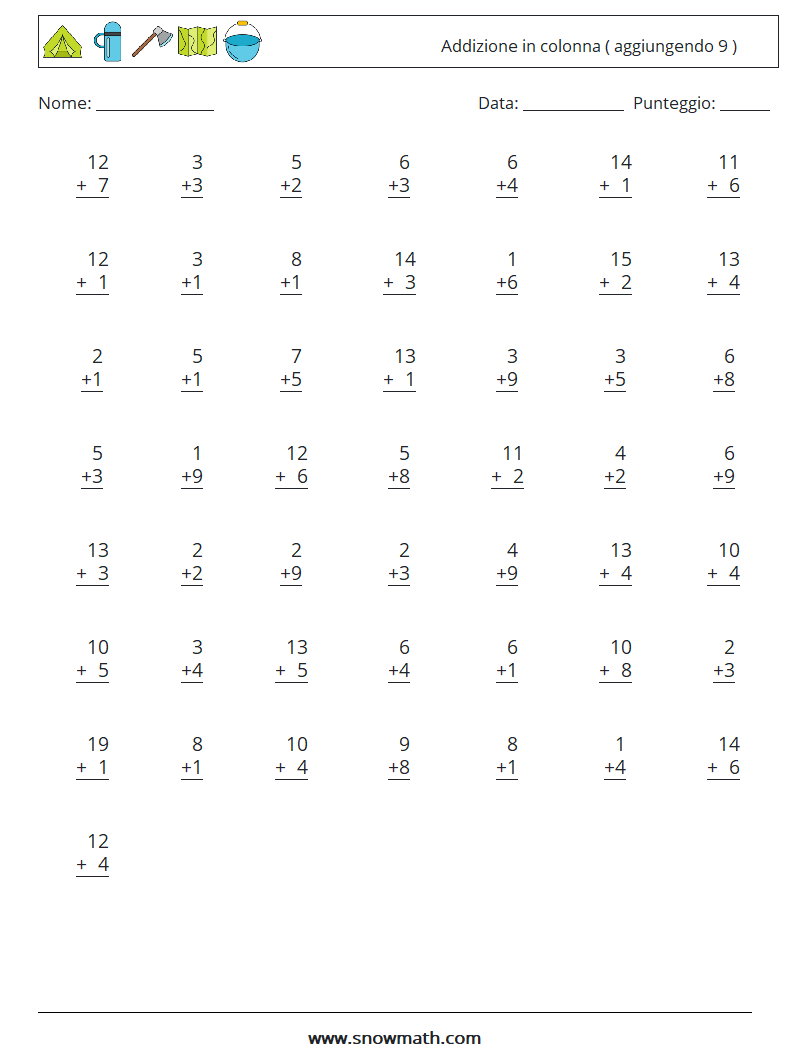 (50) Addizione in colonna ( aggiungendo 9 ) Fogli di lavoro di matematica 11