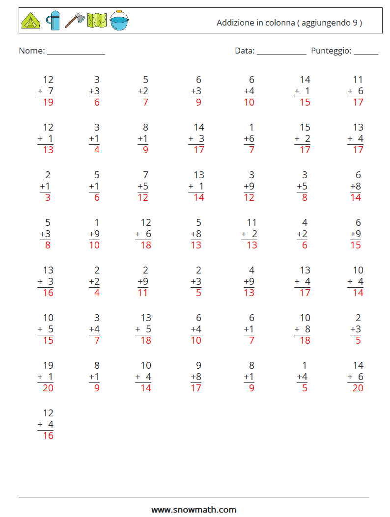 (50) Addizione in colonna ( aggiungendo 9 ) Fogli di lavoro di matematica 11 Domanda, Risposta