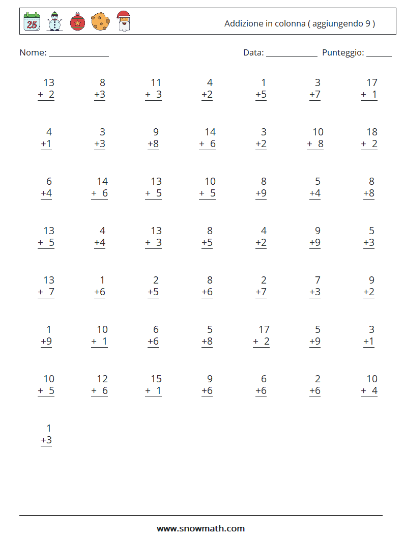(50) Addizione in colonna ( aggiungendo 9 ) Fogli di lavoro di matematica 12