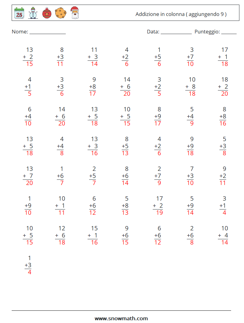 (50) Addizione in colonna ( aggiungendo 9 ) Fogli di lavoro di matematica 12 Domanda, Risposta