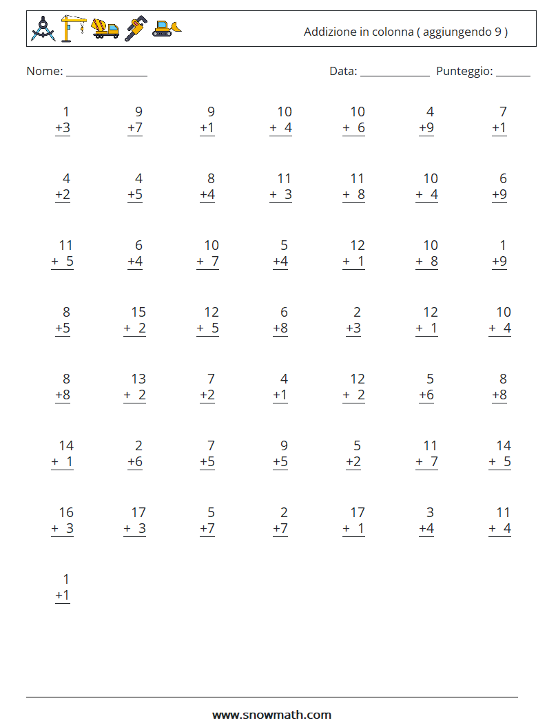 (50) Addizione in colonna ( aggiungendo 9 ) Fogli di lavoro di matematica 13
