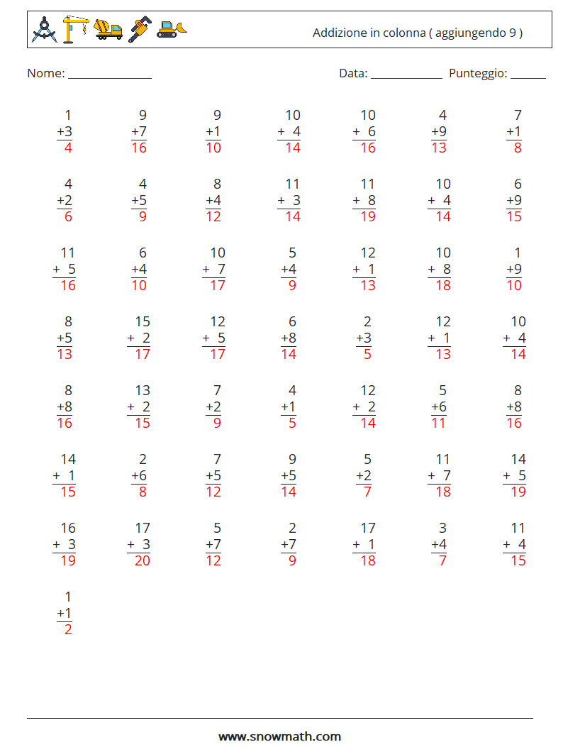 (50) Addizione in colonna ( aggiungendo 9 ) Fogli di lavoro di matematica 13 Domanda, Risposta