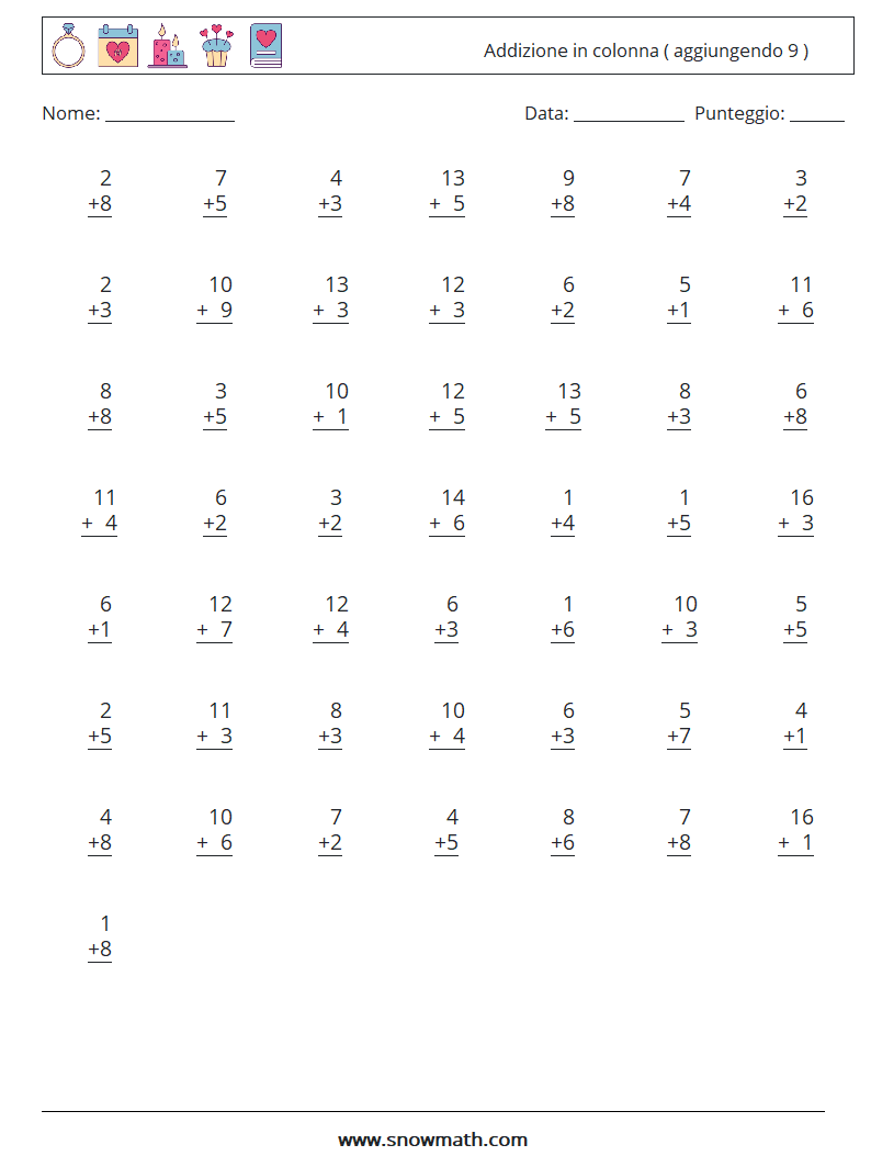 (50) Addizione in colonna ( aggiungendo 9 ) Fogli di lavoro di matematica 14
