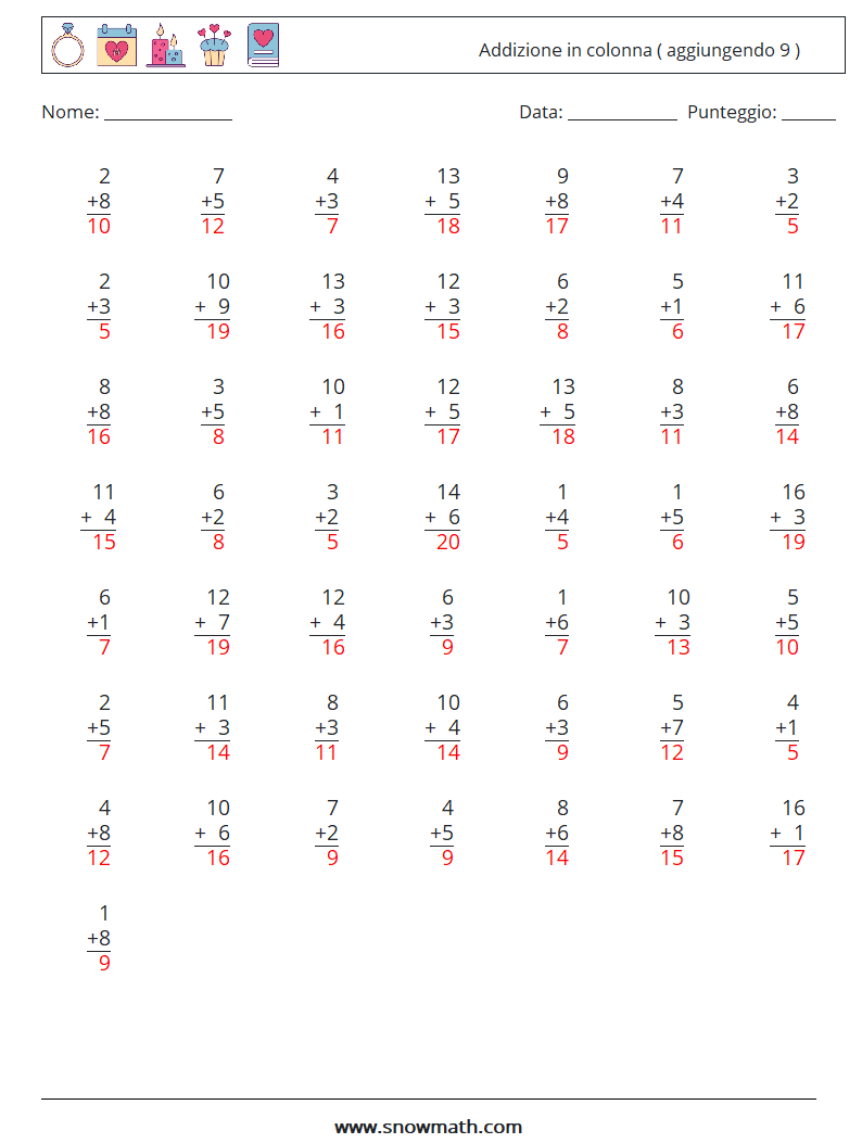 (50) Addizione in colonna ( aggiungendo 9 ) Fogli di lavoro di matematica 14 Domanda, Risposta