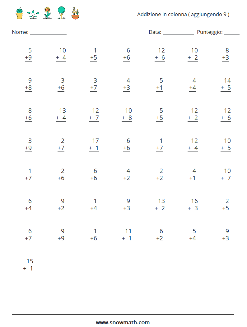 (50) Addizione in colonna ( aggiungendo 9 ) Fogli di lavoro di matematica 15