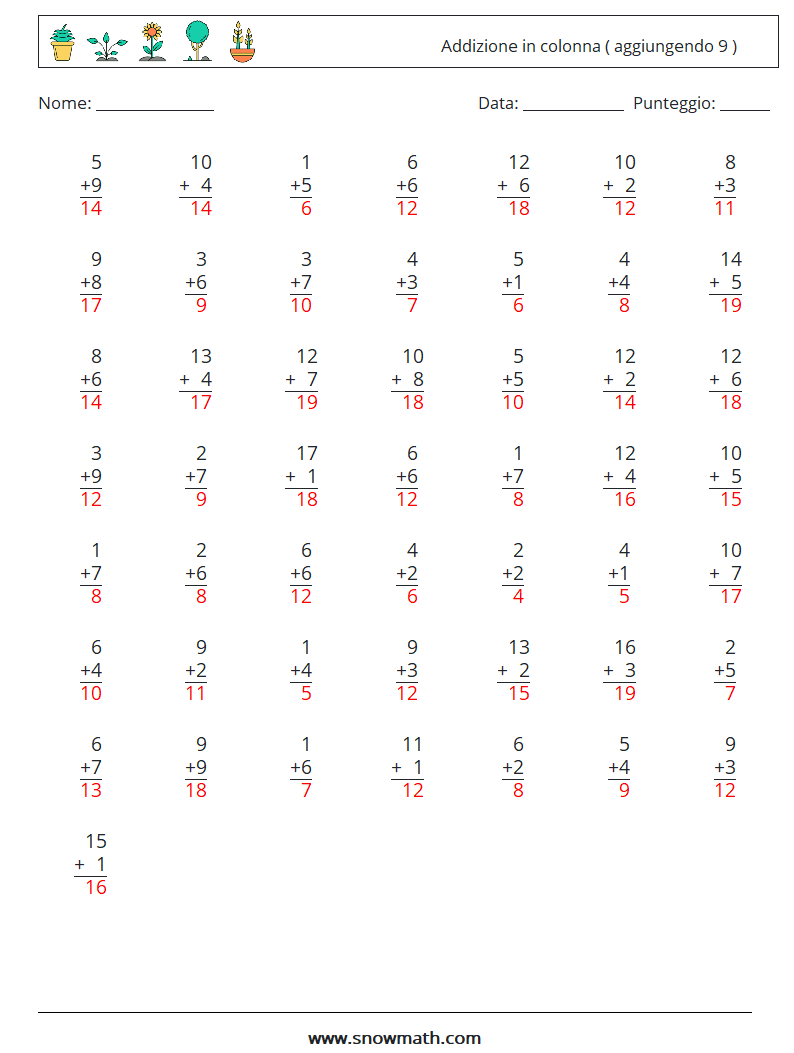 (50) Addizione in colonna ( aggiungendo 9 ) Fogli di lavoro di matematica 15 Domanda, Risposta
