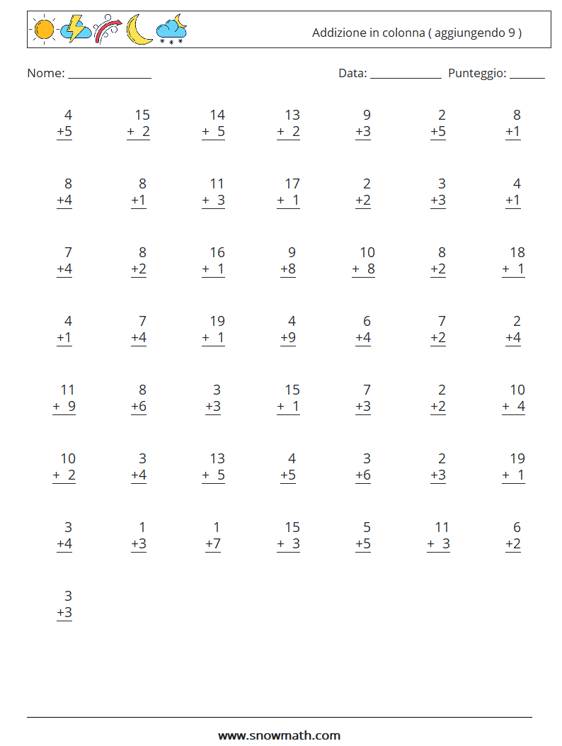 (50) Addizione in colonna ( aggiungendo 9 ) Fogli di lavoro di matematica 16