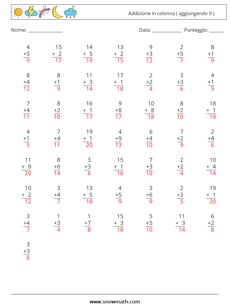 (50) Addizione in colonna ( aggiungendo 9 ) Fogli di lavoro di matematica 16 Domanda, Risposta