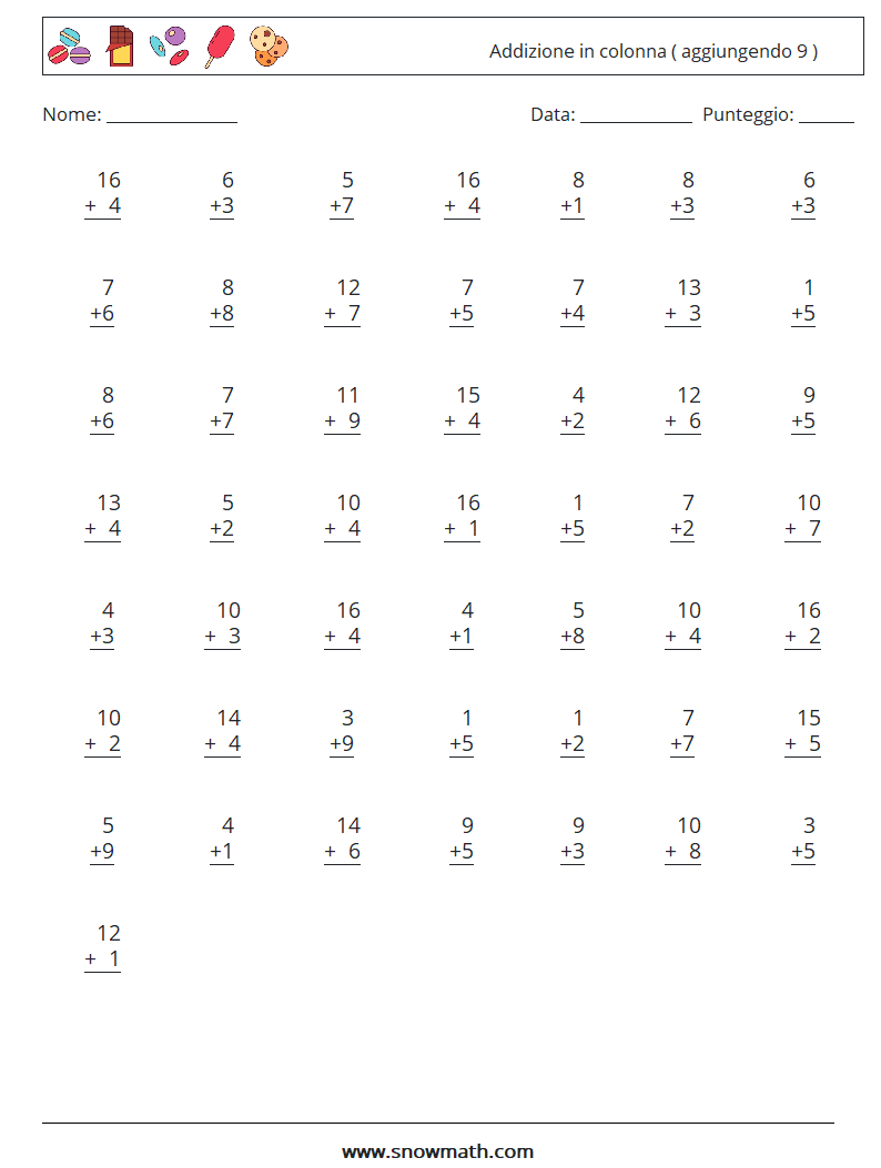(50) Addizione in colonna ( aggiungendo 9 ) Fogli di lavoro di matematica 17