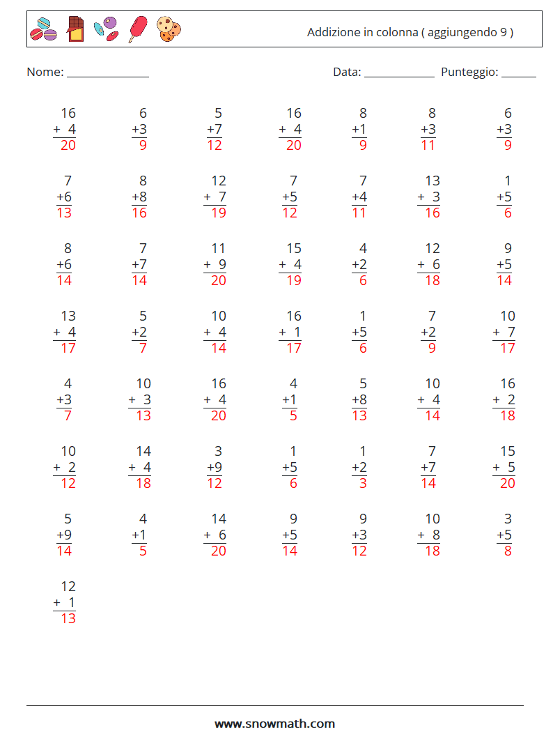 (50) Addizione in colonna ( aggiungendo 9 ) Fogli di lavoro di matematica 17 Domanda, Risposta