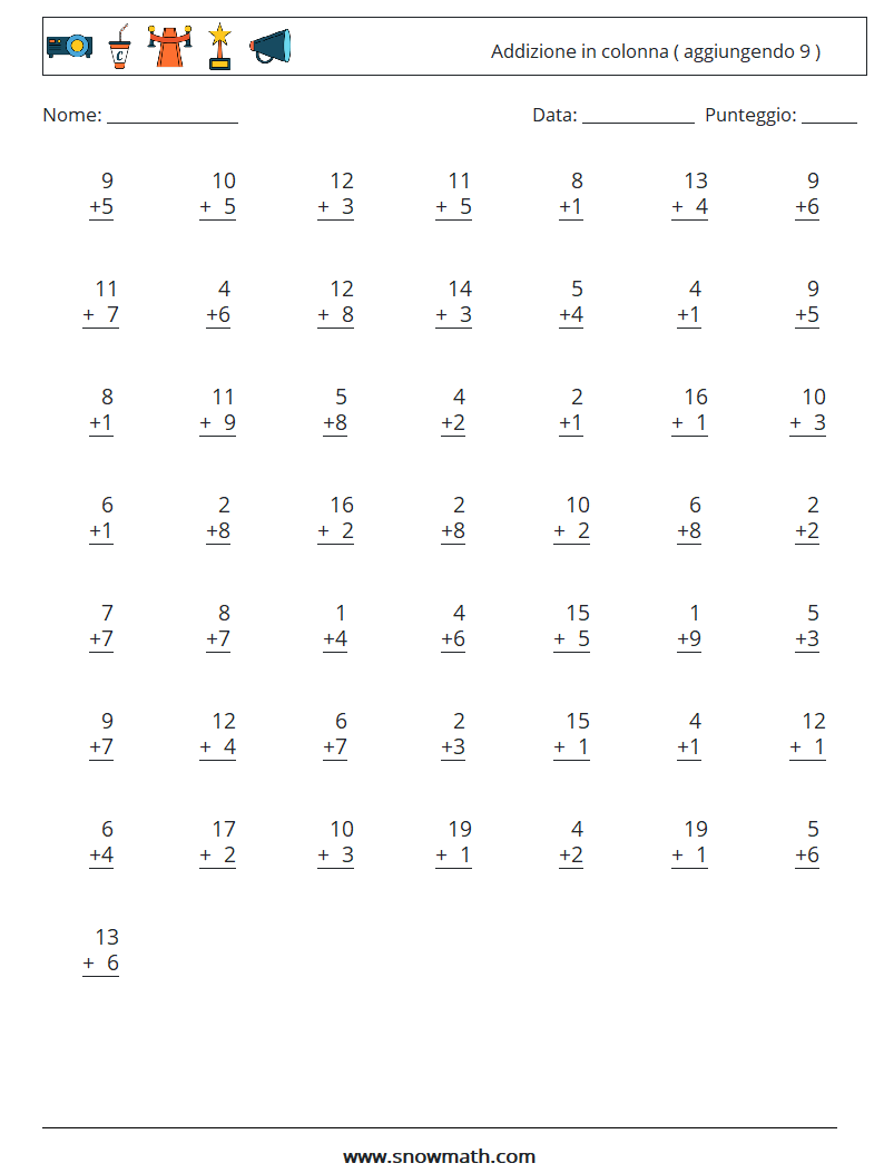 (50) Addizione in colonna ( aggiungendo 9 ) Fogli di lavoro di matematica 18