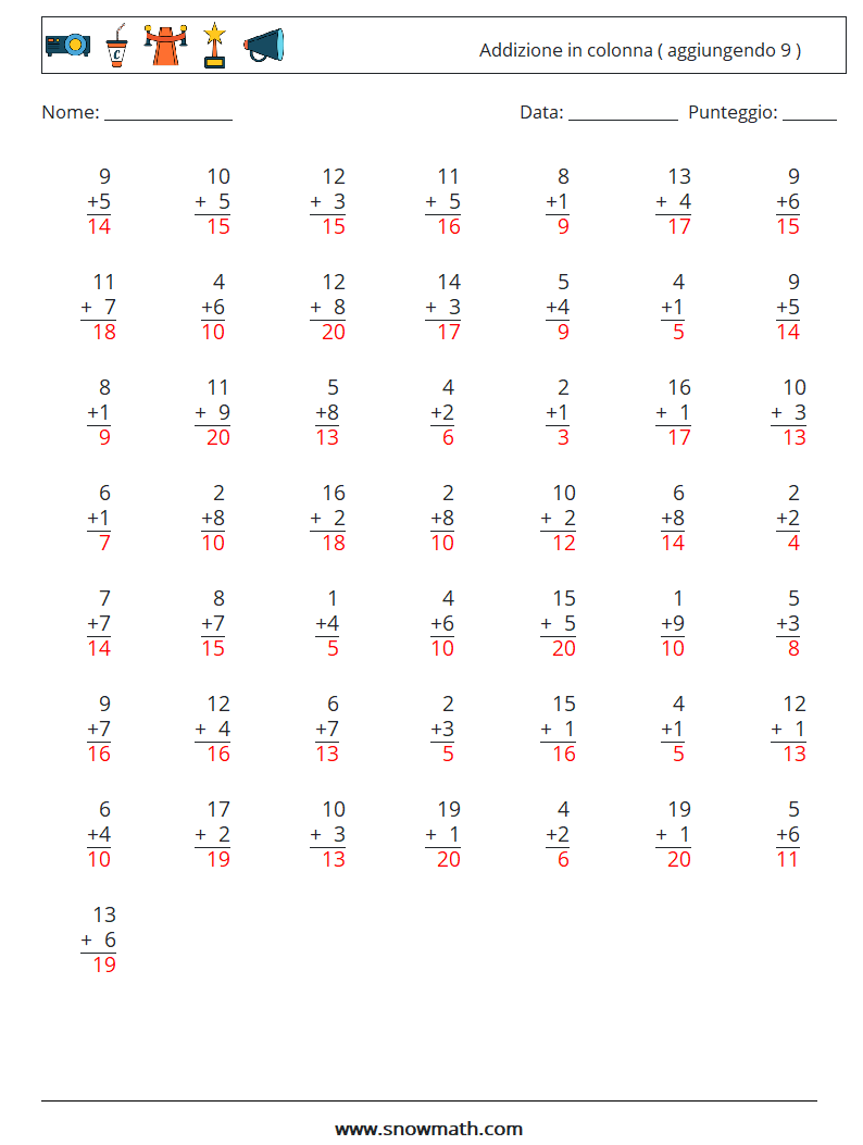 (50) Addizione in colonna ( aggiungendo 9 ) Fogli di lavoro di matematica 18 Domanda, Risposta