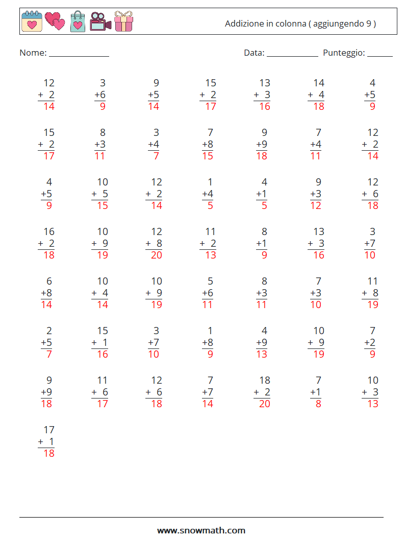 (50) Addizione in colonna ( aggiungendo 9 ) Fogli di lavoro di matematica 1 Domanda, Risposta