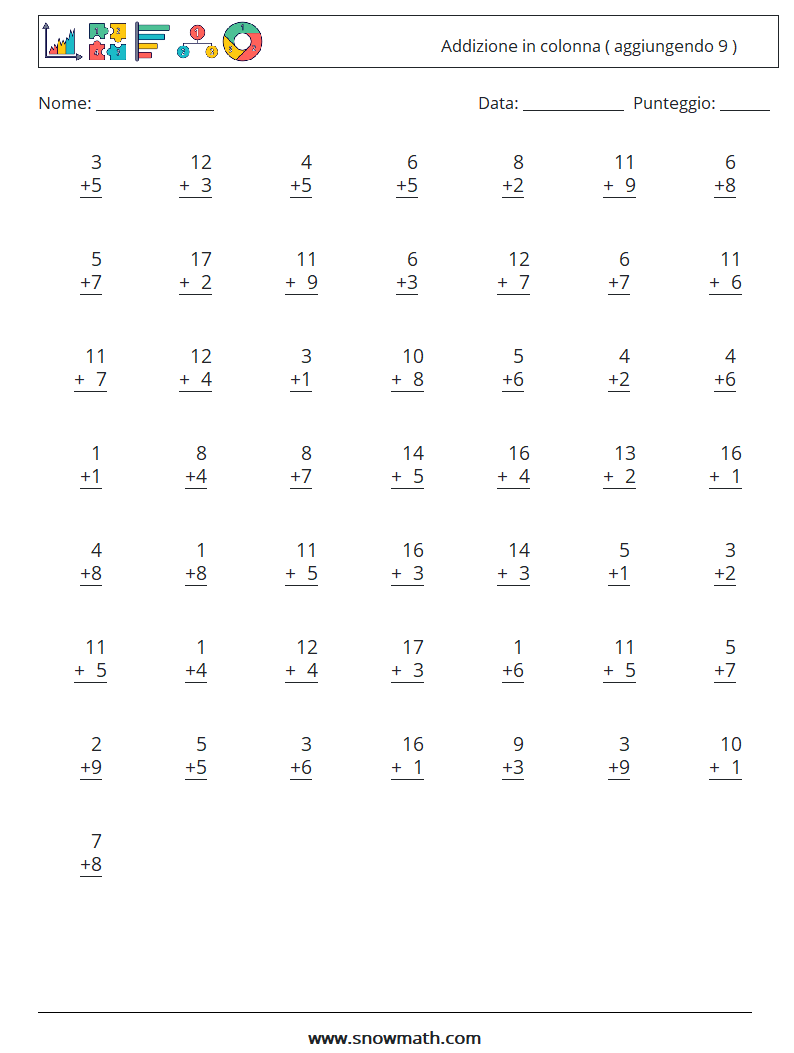 (50) Addizione in colonna ( aggiungendo 9 ) Fogli di lavoro di matematica 2