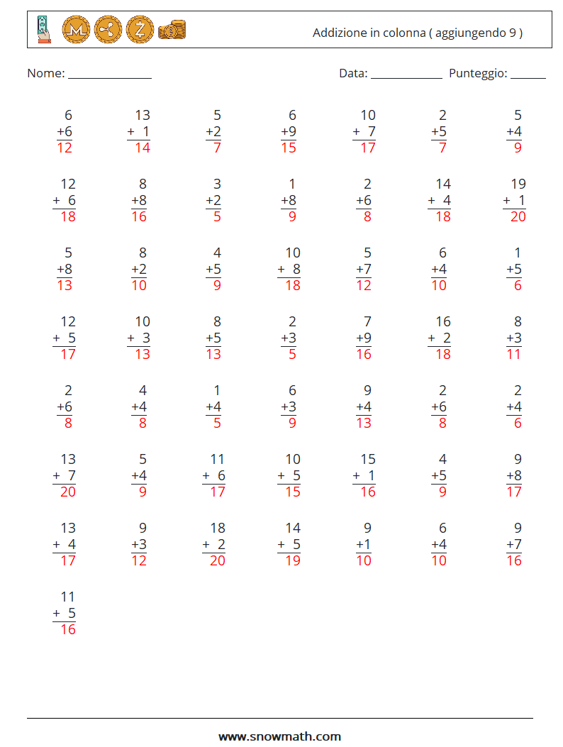 (50) Addizione in colonna ( aggiungendo 9 ) Fogli di lavoro di matematica 3 Domanda, Risposta