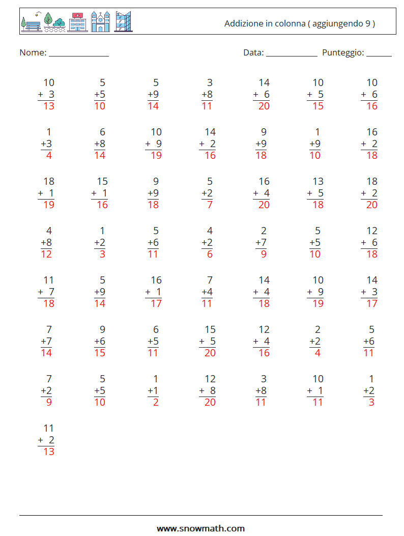 (50) Addizione in colonna ( aggiungendo 9 ) Fogli di lavoro di matematica 4 Domanda, Risposta