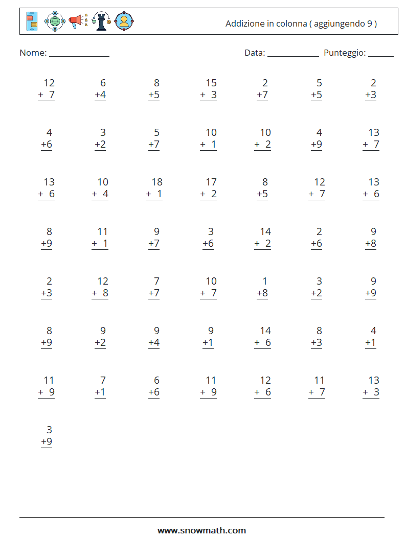 (50) Addizione in colonna ( aggiungendo 9 ) Fogli di lavoro di matematica 5