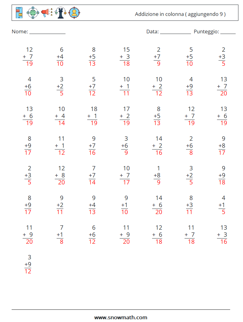 (50) Addizione in colonna ( aggiungendo 9 ) Fogli di lavoro di matematica 5 Domanda, Risposta